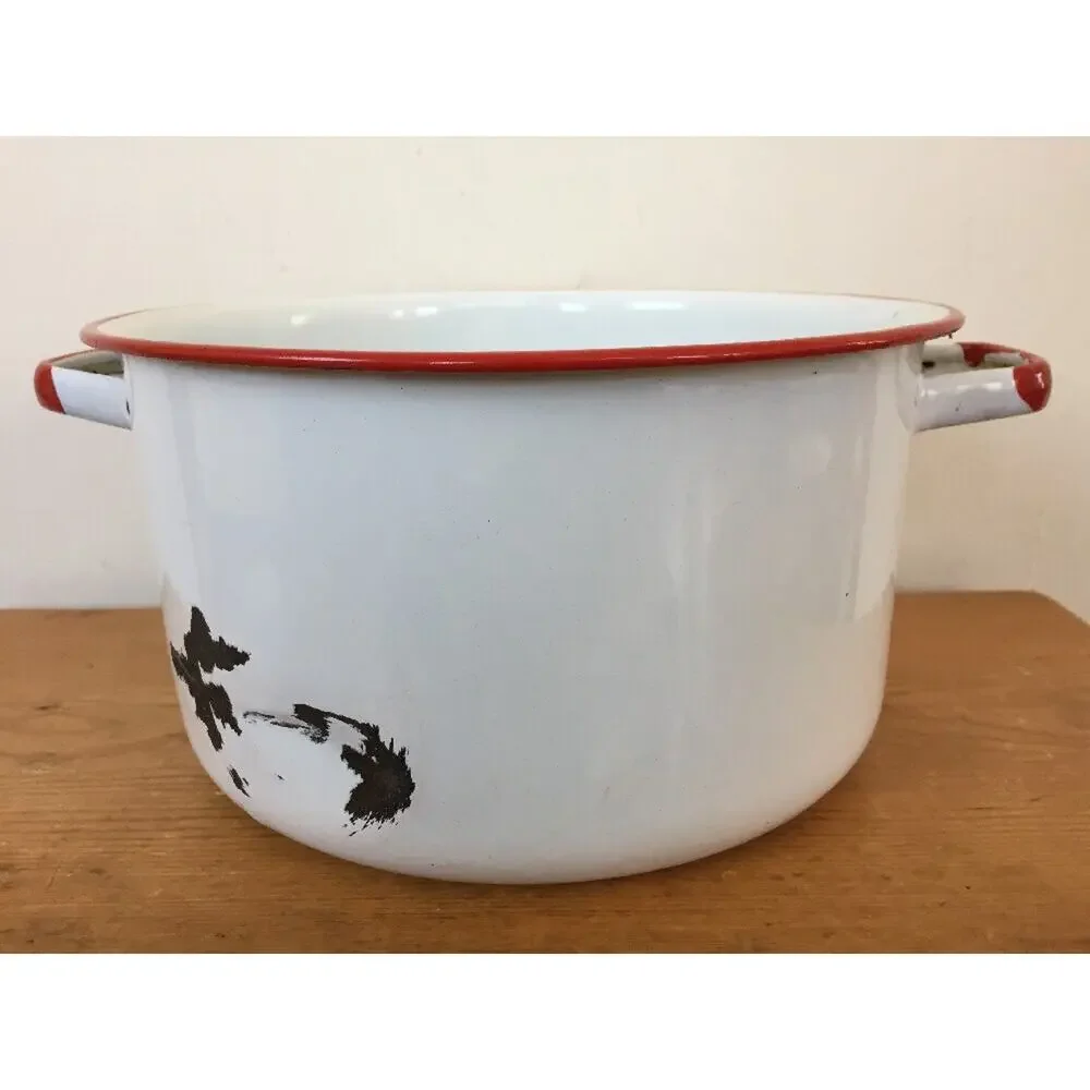 Vintage Antique White Red Enamelware Stock Soup Sauce Cooking Pot NO LID 9.5